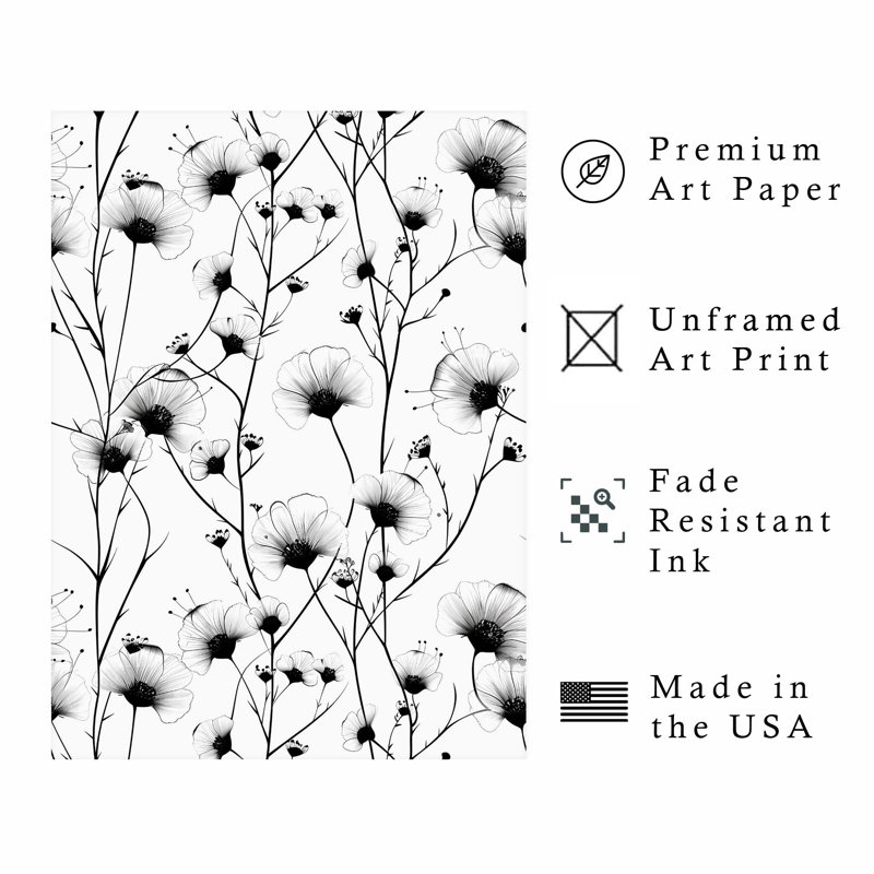 Impression florale noire et blanche, H 16 po x l 12 po