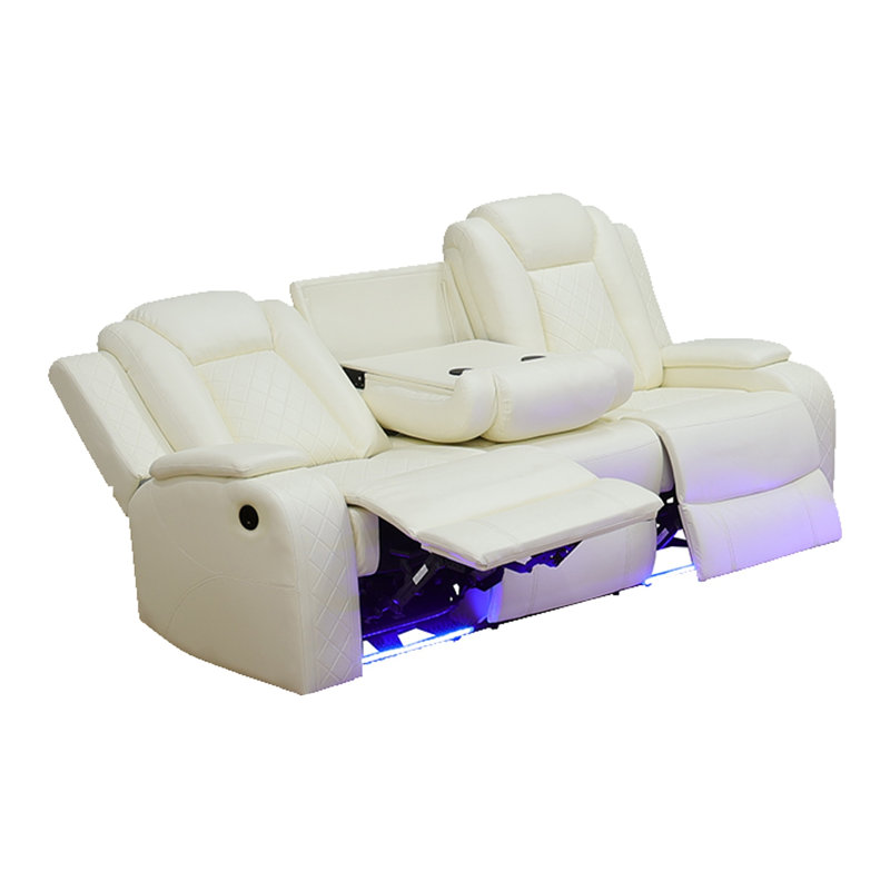 Reiya 83'' Faux Leather Reclining White Loveseat ,with wireless charging station, cup holders, Cream Faux Leather