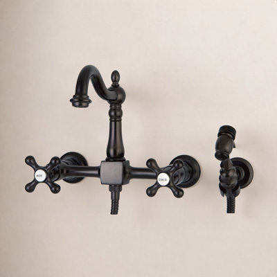 Kingston Brass Heritage Double-Handle 3-Hole Wall-Mount Bridge Kitchen Faucet with Brass Sprayer