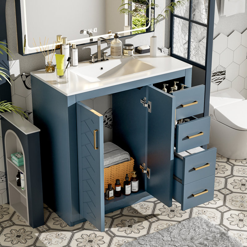 Meuble-lavabo 36 po avec lavabo en céramique, cadre, 3 tiroirs et portes à fermeture douce pour un rangement élégant