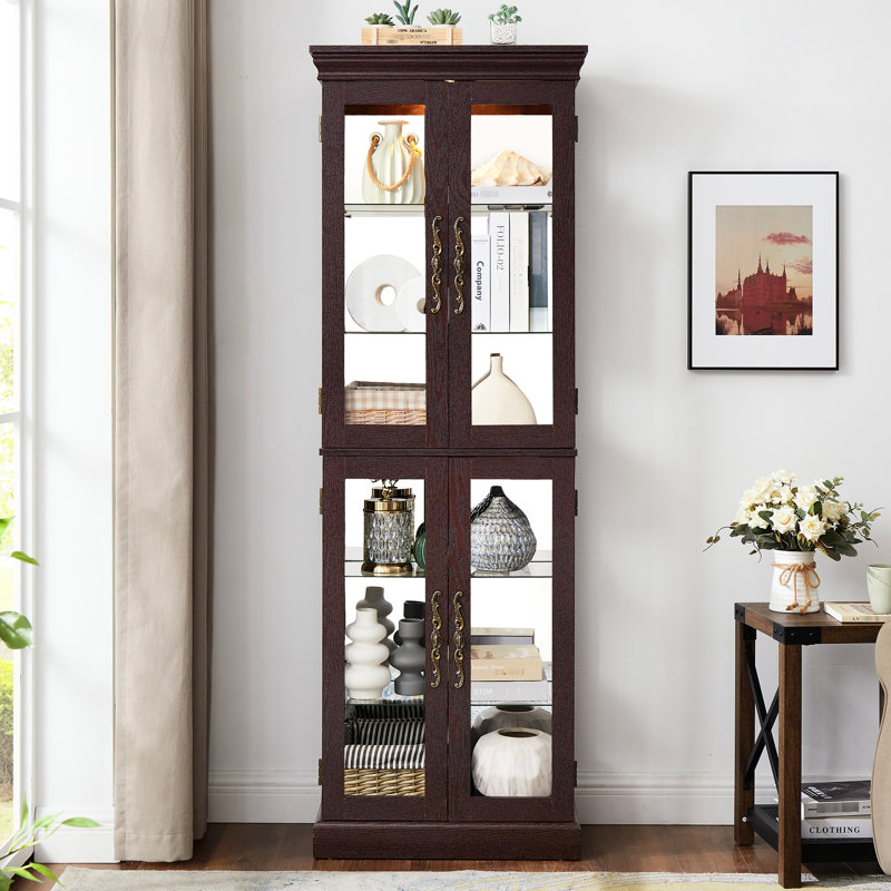 Présentoir de rangement en verre avec éclairage et tablettes mobiles - Étui cerisier foncé Système d'éclairage sophistiqué Porte silencieuse 12,42 po Large