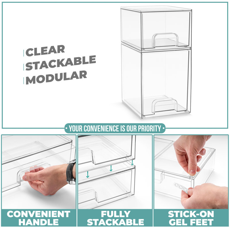 Sorbus Acrylic Storage Containers - 2 Pack, 4.4” and 7.6” Stackable Storage Bins Set for Bathroom Organization - Clear Acrylic Storage Drawer Organizers - Makeup Organizer Case with Pull-Out Drawers