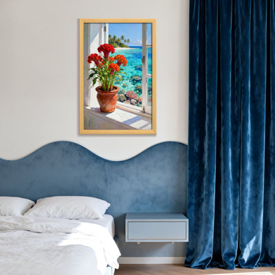 Plantes et fleurs avec vue sur la plage tropicale et fleurs rouges
