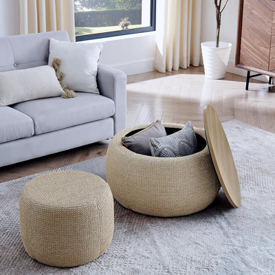 Circular storage stool, woven wicker stool, 2-in-1 function, can be used as a side table and a stool, with a small seat - Natural