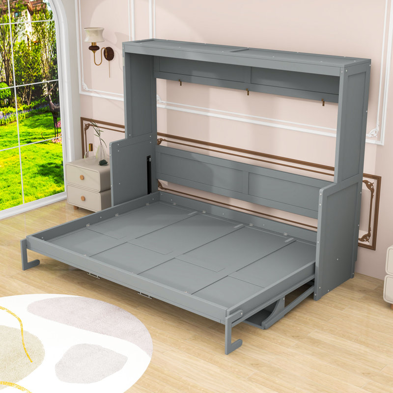 Lit escamotable en bois avec tablettes de rangement et lattes, gris, Grand