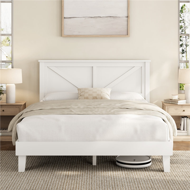 Farmhouse Wood Bed Platform with Headboard, Full / Double, White