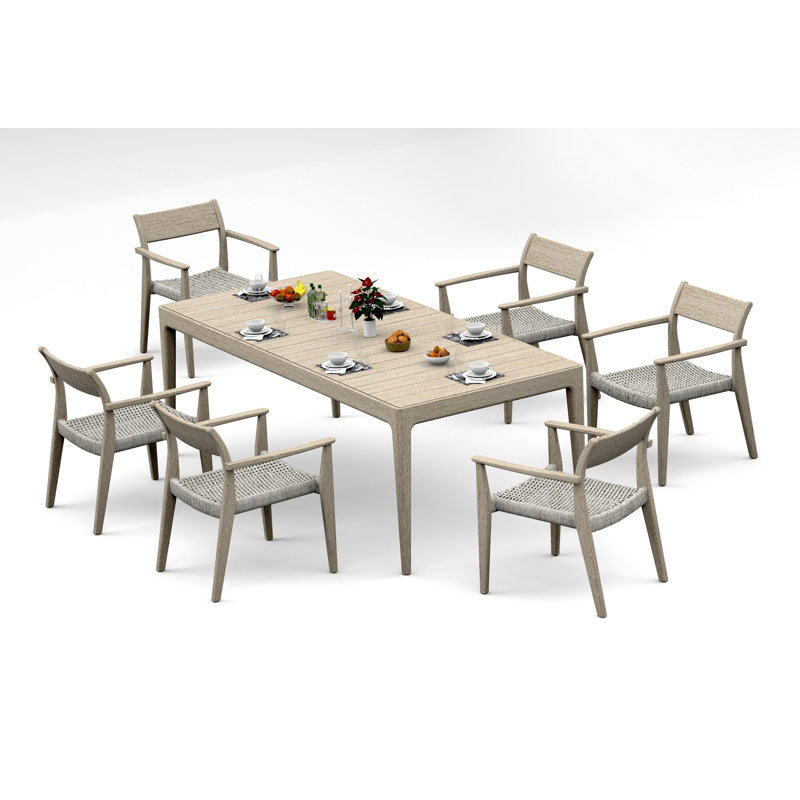 8 Seats 9 Pcs Grade-A Weathered Teak Wood Dining Set: 84" Amilo Rectangle Table And 8 Amilo Stacking Arm Chairs #11AM3108, 6