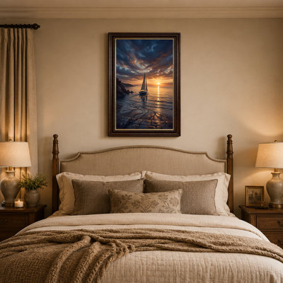 Voilier sur un océan près de la côte rocheuse au coucher du soleil doré, art mural sur toile