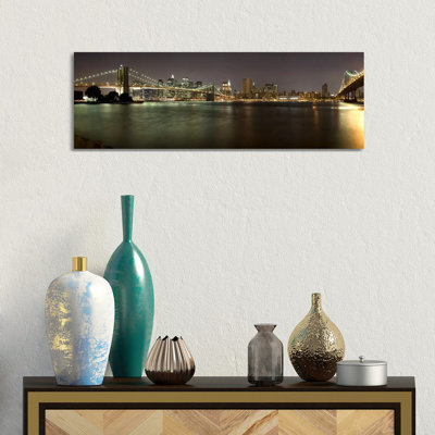 Brooklyn Bridge And Manhattan Bridge Across East River At Night, Manhattan - Wrapped Canvas Panoramic Print