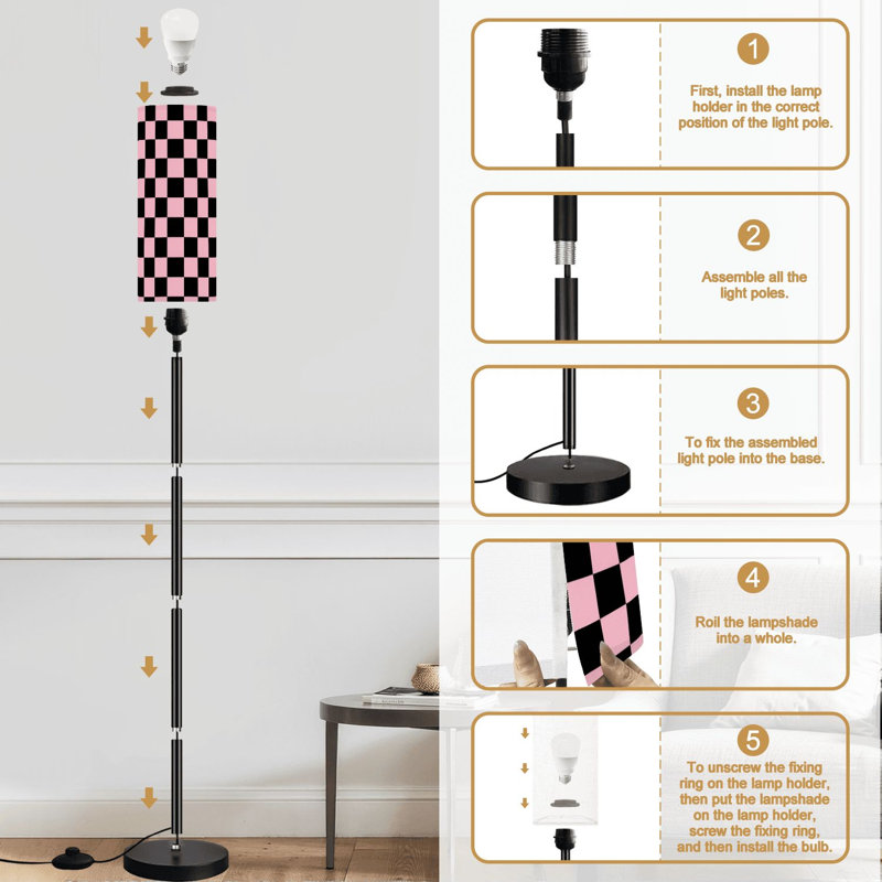 Lampe sur pied à damier noir et noir à motif géométrique de style rétro à intensité variable avec télécommande et pédale avec abat-jour et abat-jour