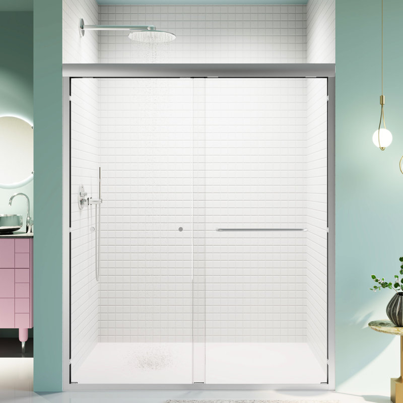 Double Sliding Shower Door, 1/4" Tempered Glass, , Tidy Bathroom Partition Semi- 56"-60" W, Strong Glass Structure, Silver