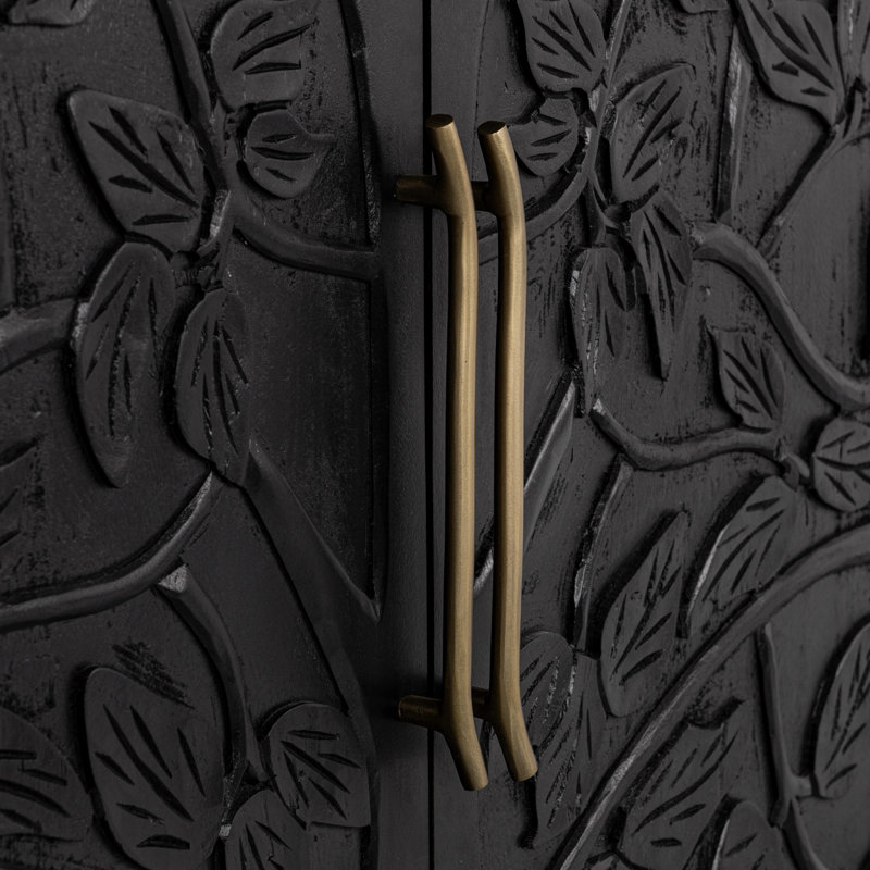 Black Mango Wood Sideboard Buffet with Brass Pulls