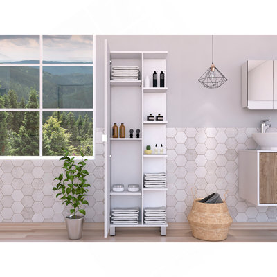 Armoire de coin, cinq tablettes ouvertes, une porte, finition blanche
