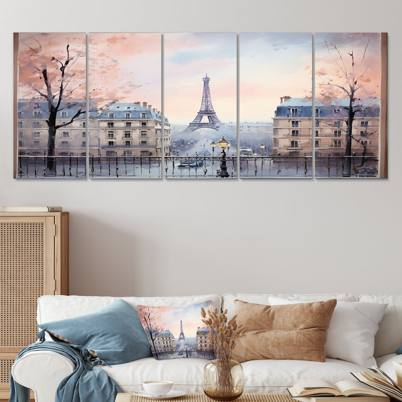 «Vintage Calm Paris City View - Paris», art mural sur toile 5 pièces, H 28 po x l 60 po