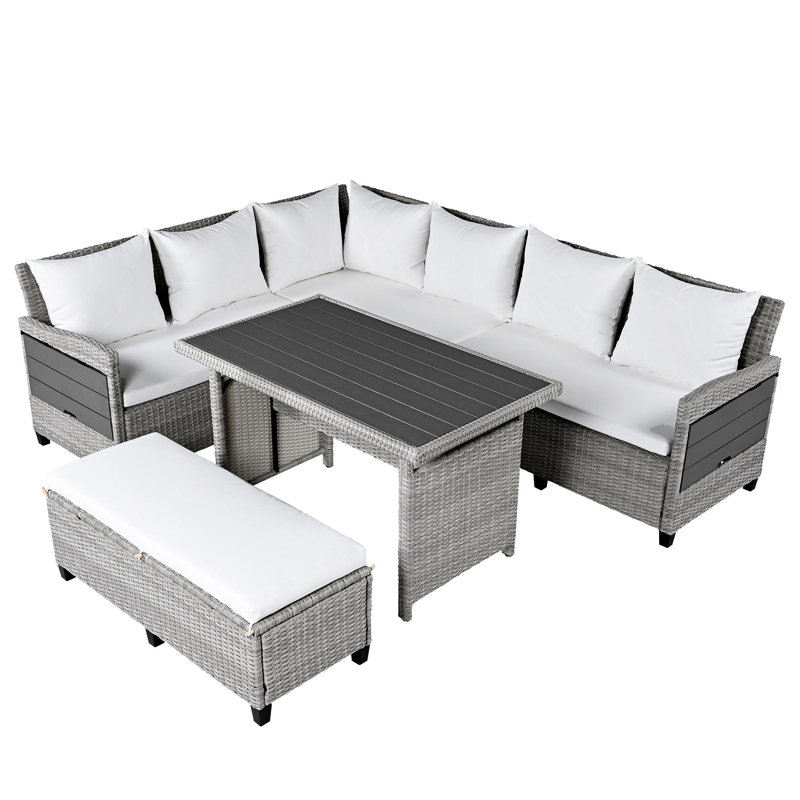 Amei 5-Piece Outdoor Sectional  Patio Rattan Sofa Set, White, Gray