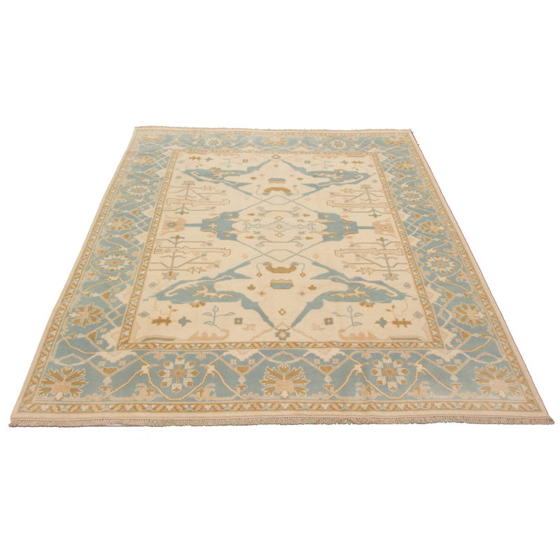 Tapis unique en laine noué à la main ivoire / kaki / bleu clair nouvel âge 8 pi 2 po x 9 pi 10 po Ushak