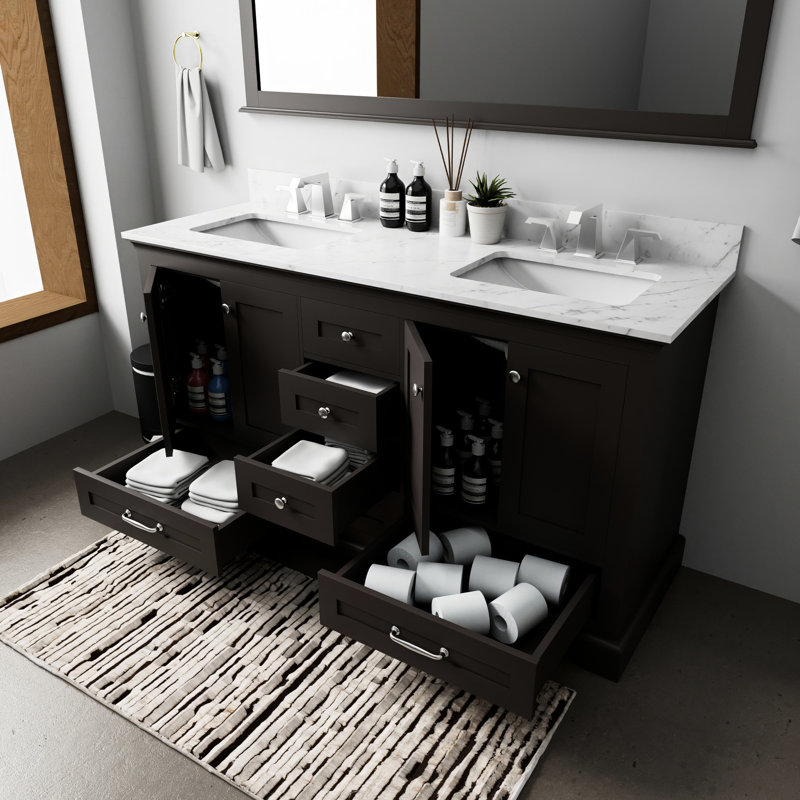 Meuble-lavabo double 60 po x 22 po, comptoir et robinet en marbre, miroir de 58 po - Surface avec rayures et taches de l 60 po x P 22 po avec comptoir, résistance aux rayures des 58 H