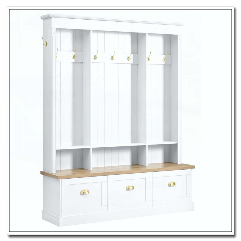 Elegant APP Controlled LED Light Hall Tree with 9 Hooks, Roman Column Design Natural Storage Bench with 3 Large Cabinets