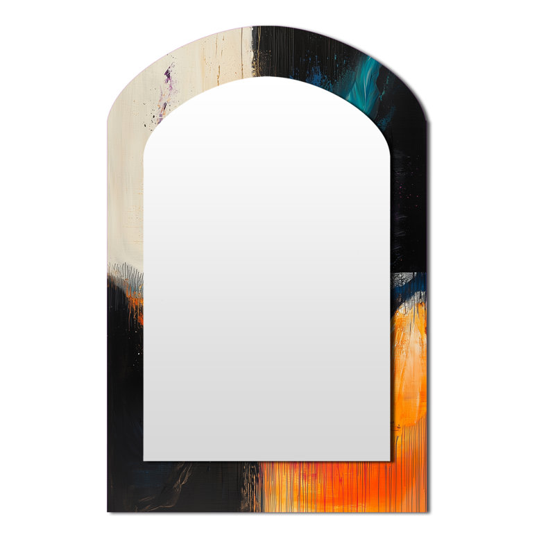 Abstrait noir Maelstrom de l'élégance - Miroir décoratif abstrait en arche sur métal, 43 po x 33 po