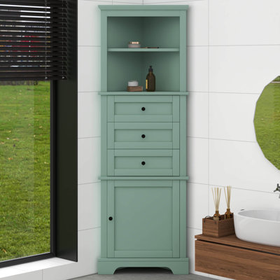 Armoire triangulaire haute avec 3 tiroirs et tablettes réglables, armoire de rangement haute pour salle de bain, panneau de fibres à densité moyenne avec finition peinte
