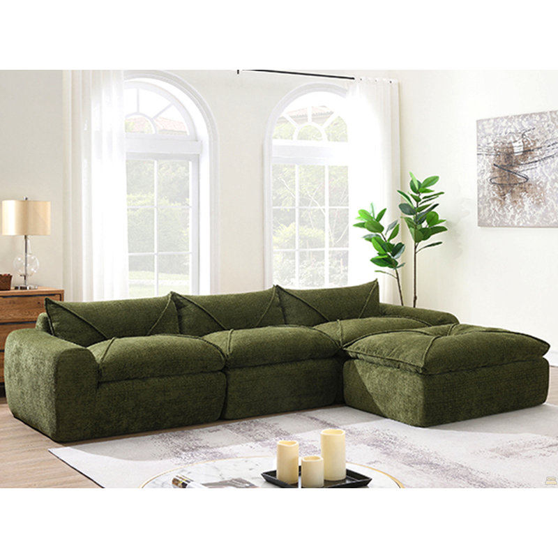 Canapé modulaire entièrement dénudé avec repose-pieds mobile Ishmam, Chenille verte