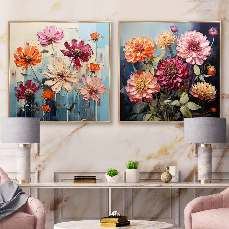 «Binn Zinnias Flowers», 2 pièces, Cadre flottant doré, H 16 po x l 33 po