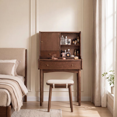  25.2"W Small  Solid Wood Vanity Desk with Reversable Mirror & 2 Storage Drawers