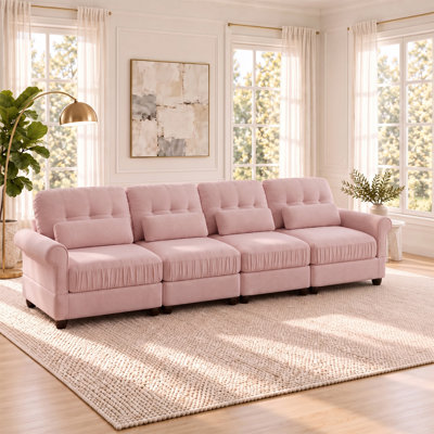Canapé 4 places en chenille de 321 cm (126,7 po) avec bords d'assise froncés, accoudoirs arrondis et coussins de soutien lombaire, coussins fermes et moelleux, canapé capitonné pour salon et salle familiale spacieux