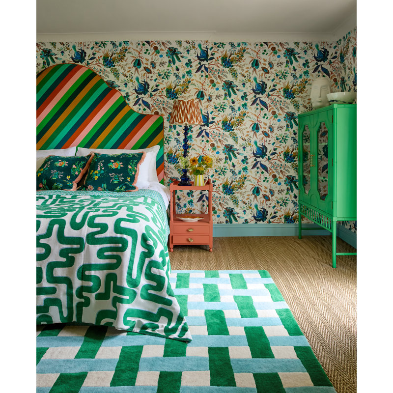 Hand Tufted Wool Geometric Area Rug in Emerald/Aquamarine, Rectangle 9' x 12'