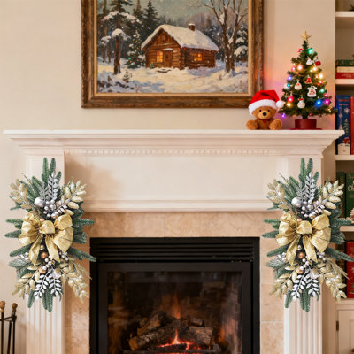 2 guirlandes artificielles de Noël, 24 po de Noël, la guirlande d'escalier pré-éclairée en forme de larme, la porte, la guirlande, la guirlande de Noël pour l'extérieur de la maison (arc-en-ruban doré)