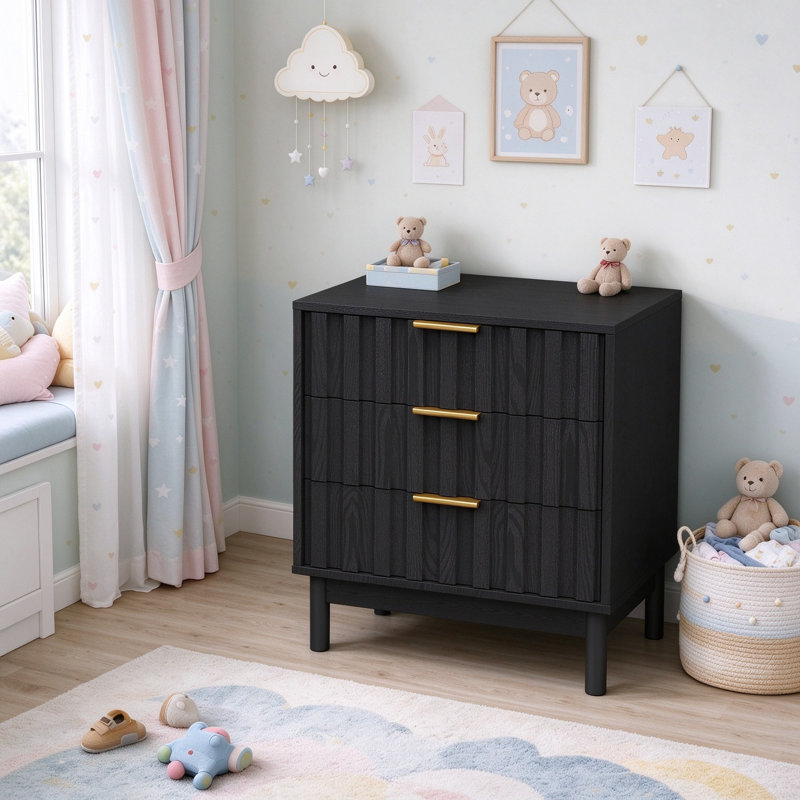 Commode à 3 tiroirs avec coins arrondis et poignées en bois naturel, commode blanche pour le salon de la chambre à coucher