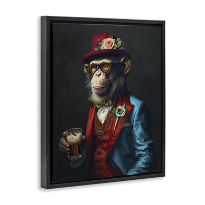 Monkey with Fancy Outfit Gold Framed Floater Canvas Wall Art by Ray Heere