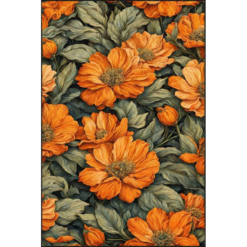 Floral Orange Patterned Washable Carpet, Rectangle 2'4" x 4'