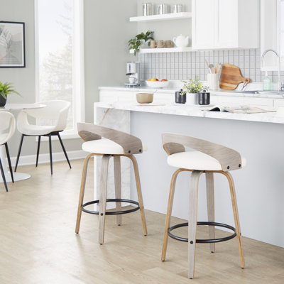 Fixed-Height Swivel Counter Stools Set of 2, Light Grey Wood Frame with White Faux Leather and Black Metal Footrest