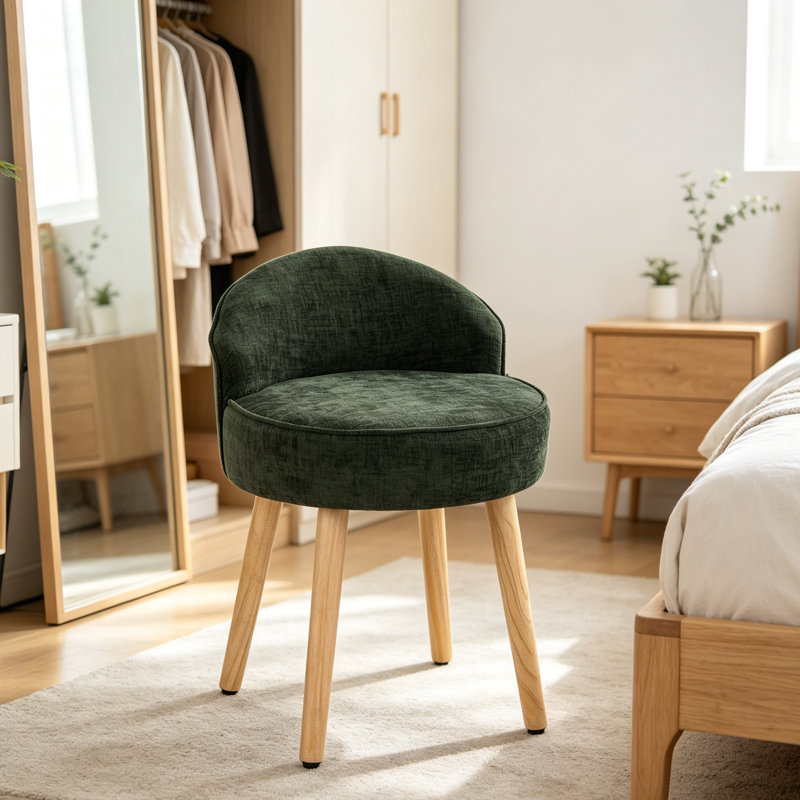 Solid Wood Accent Stool, Green, Chenille