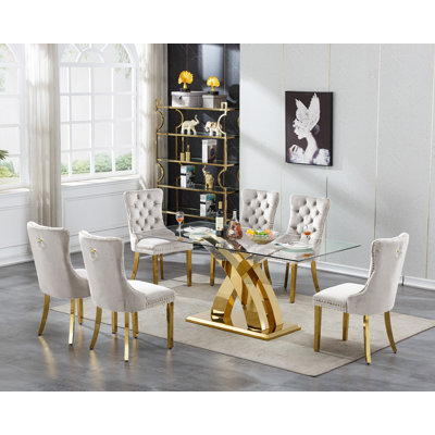 Glass Dining Table Set with Upholstered Dining Chairs, 70" Rectangle Kitchen Table and Chair Set, Clear Glass Dining Room Table Set, Modern Home Kitchen Furniture
