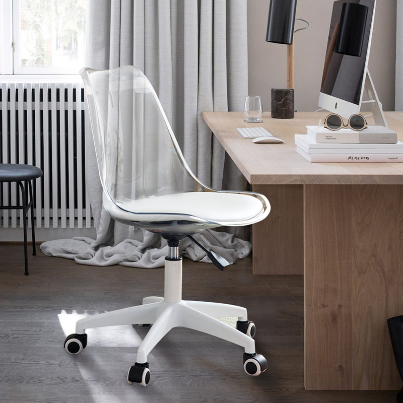 Chaise de bureau pivotante moderne à dossier transparent avec vérin à gaz réglable en hauteur, coussin d'unité centrale et roulettes lisses, pour le bureau à domicile et le meuble-lavabo