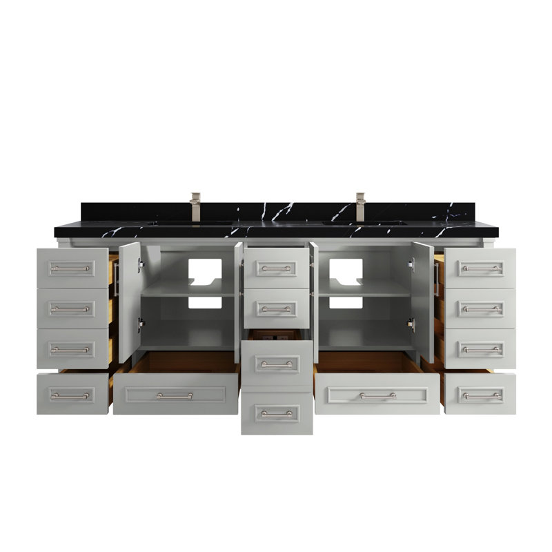 Meuble-lavabo double 84 po avec comptoir en quartz Aberdeen, Calacatta Black