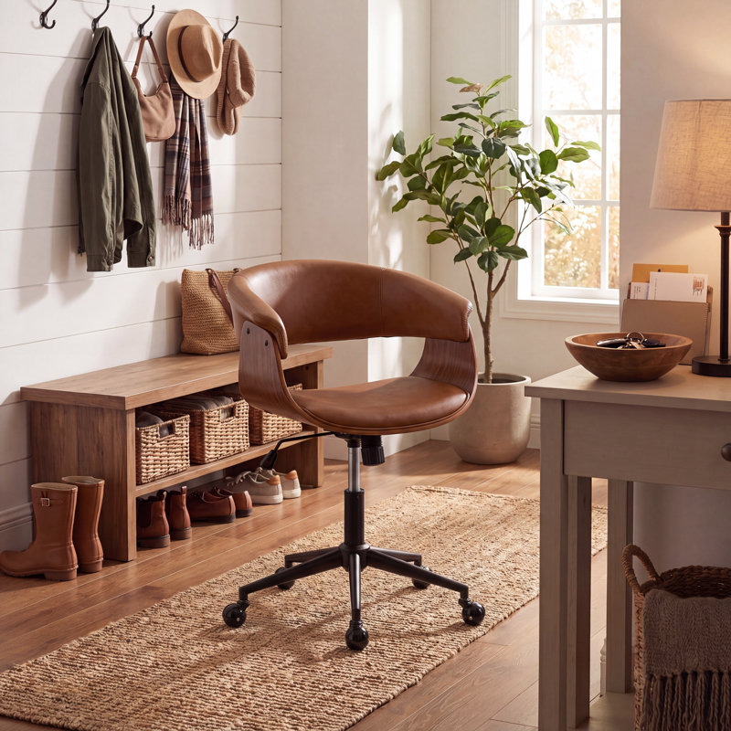 Chaise de bureau pivotante réglable, Cuir brun