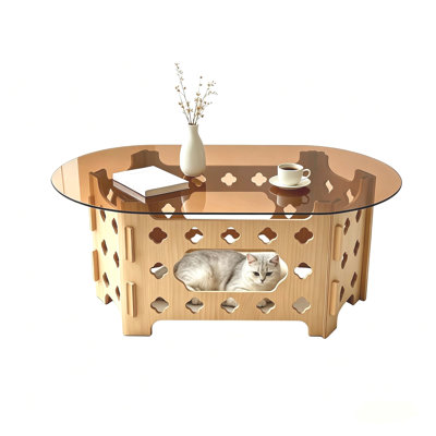 38.6'' Oval Coffee Table with Caramel Tempered Glass Top, Hollow Carved  Base Farmhouse Cocktail Center Tea Table for Living Room, Small Spaces, Office,Easy Assembly