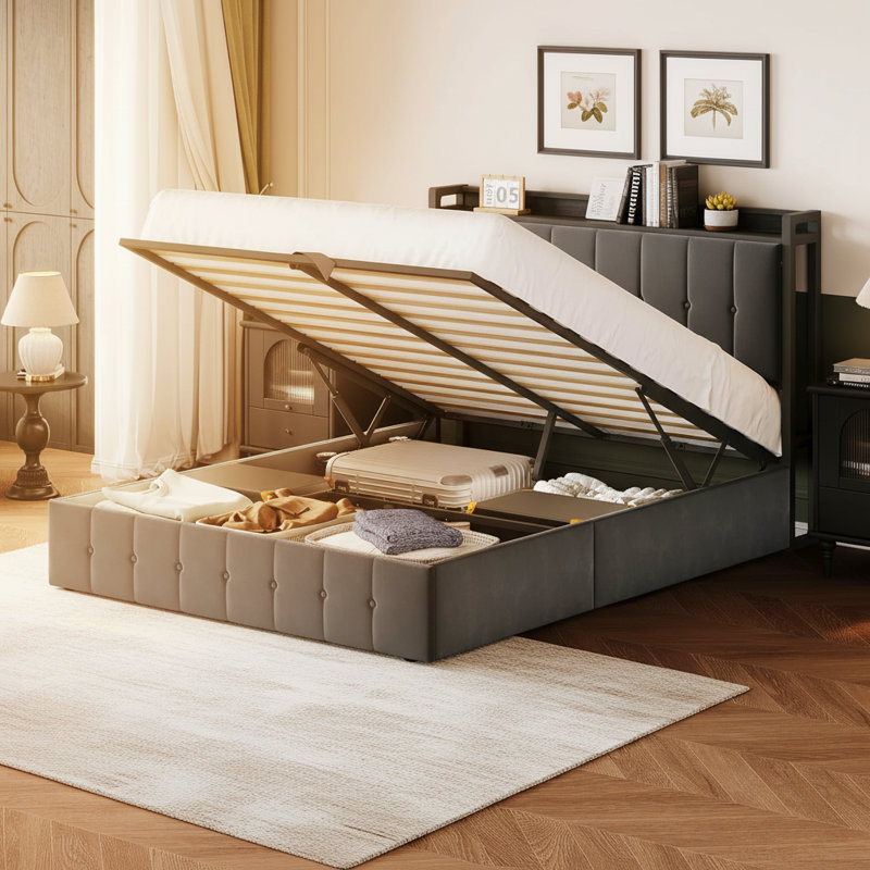 Structure de lit avec rangement relevable et tête de lit avec rangement, Lit double, Gris foncé