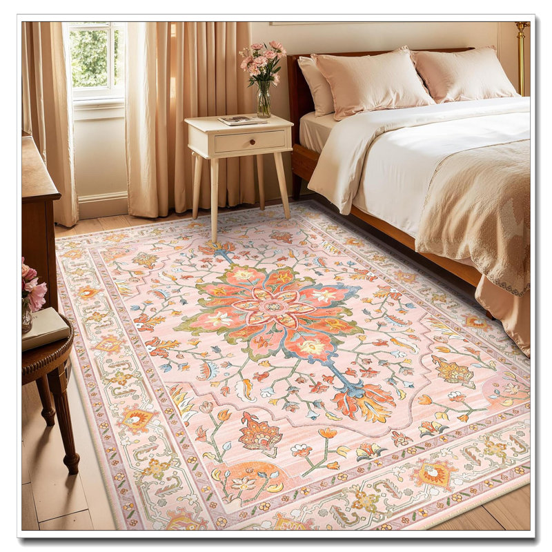 5'X7' Washable Non-Slip Area Rug, Sunflower Series Floral Vintage Distress Medallion Print (Light Pink Colorful). Soft Low-Pile, Water-Repellent, Robot-Vac Friendly—Ideal For Living Room, Bedroom, Dining Room & Entryway.