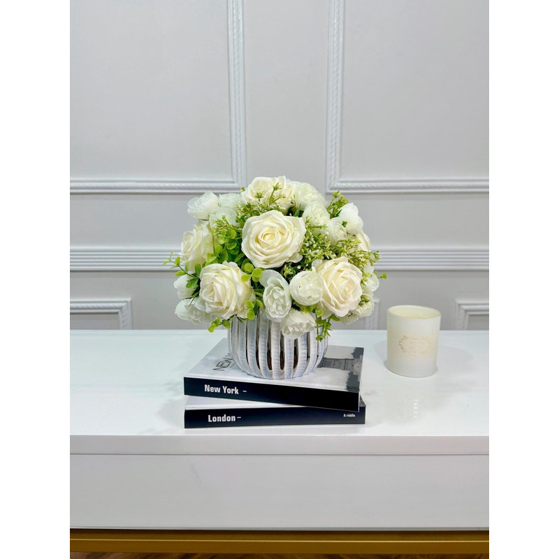 White Silk Rose Peony Centerpiece in Vase
