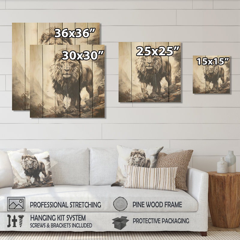 Majestic Vintage Lion II - Animal lion sur bois, H 36 po x l 36 po