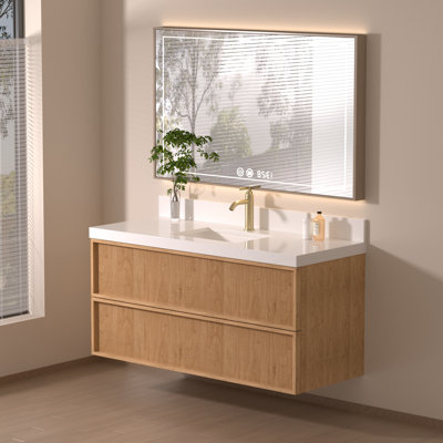 Meuble-lavabo flottant 48 po avec comptoir en quartz et lavabo encastré, tiroir en bois massif, conception en bois cannelé