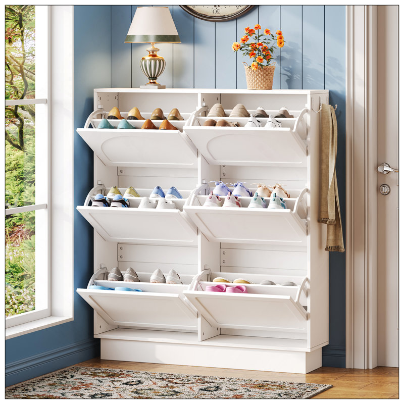 Range-chaussures moderne et élégant avec 6 tiroirs rabattables, conception compacte et élégante, rangement pour hall d'entrée de style crème avec tablette réglable, étagère à chaussures autoportante avec 3 crochets argentés, blanc