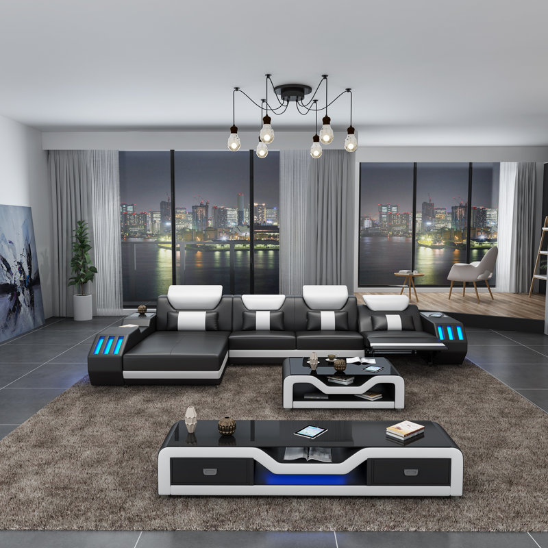 Starfighter Sectional, Black/White Genuine Leather, Left Hand Facing