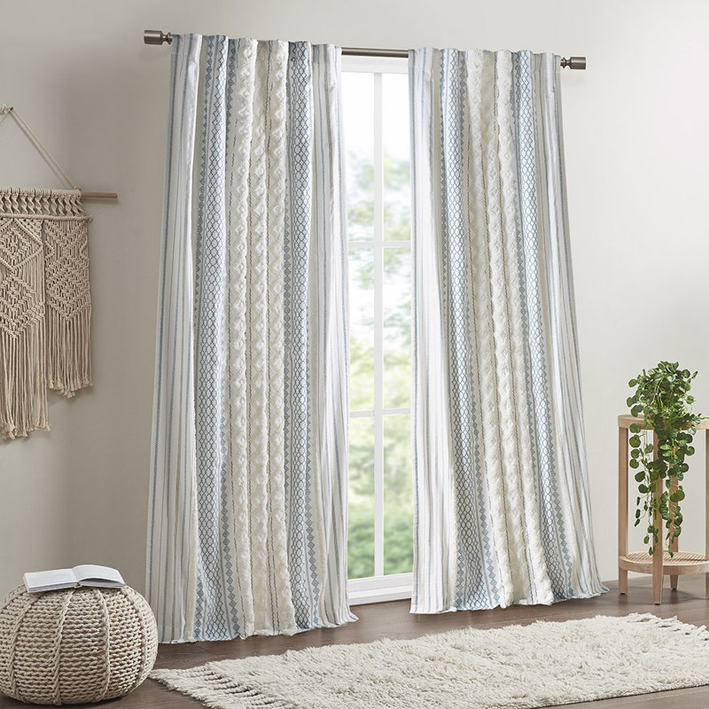 Imani 100% Cotton Boho Tufted Chenille Stripe Lined Single 50x108" Curtain Panel, White/Navy, 50" W x 108" L