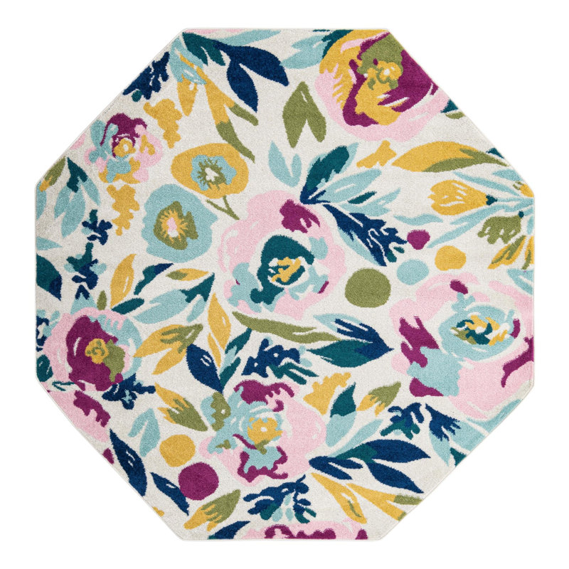 Holle Floral Area Rug, Octagon 7' x 7', White/Navy Blue/Yellow