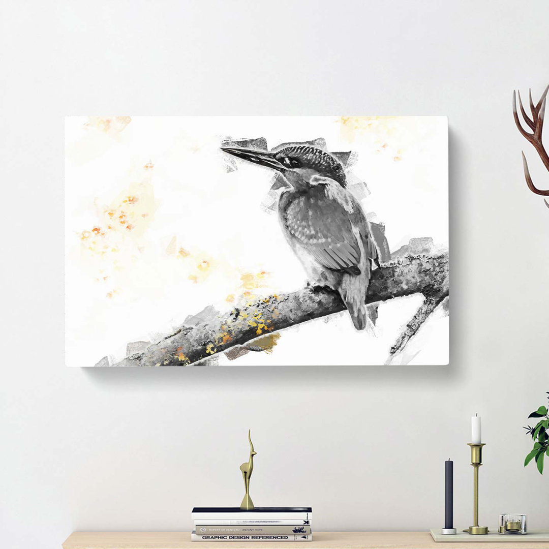 Kingfisher Bird on a Branch in Abstract - Wrapped Canvas